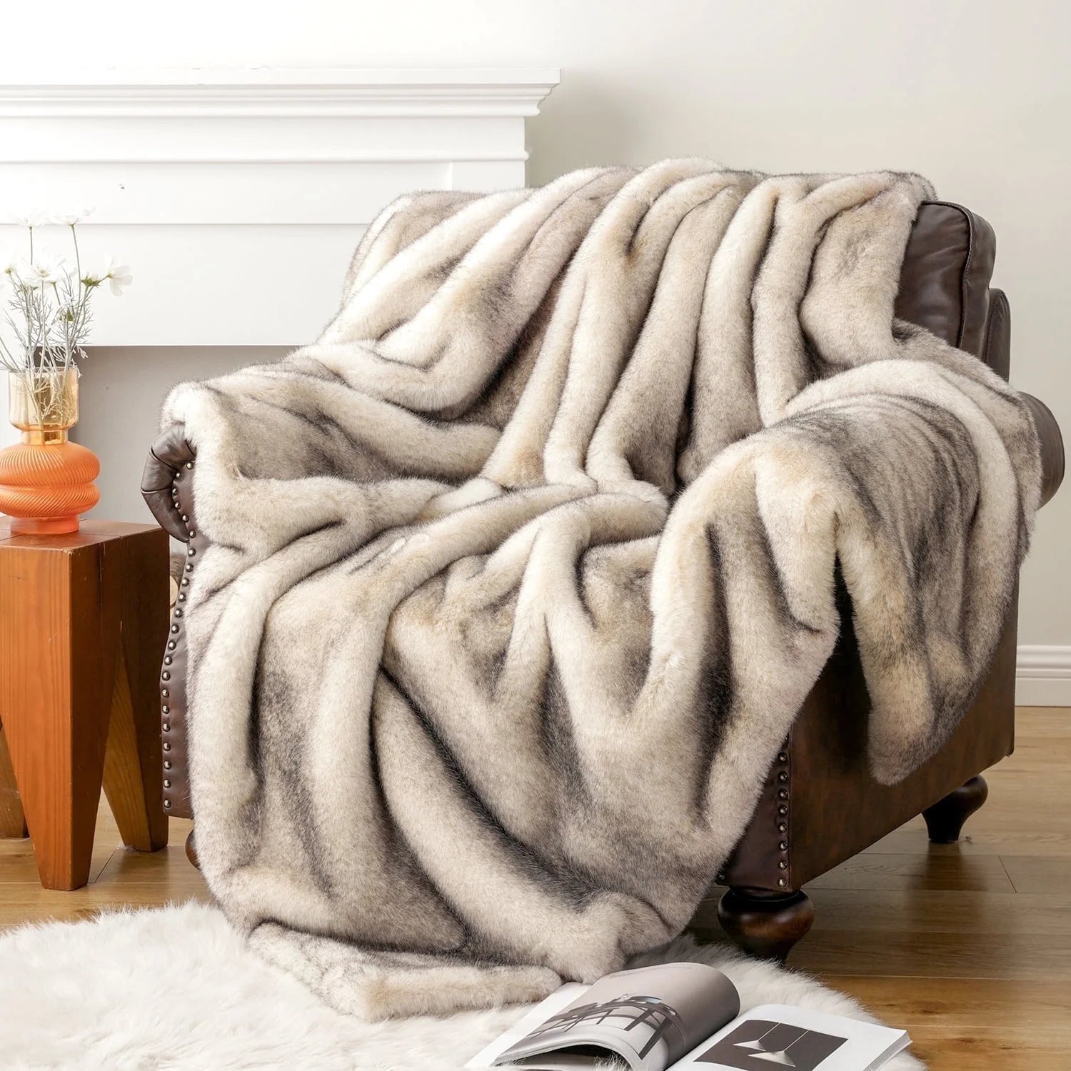 Cream Faux Fur Throw Blanket, Large Mink Fake Fur Throw,Fuzzy Thick Plush Blanket,50"X60"