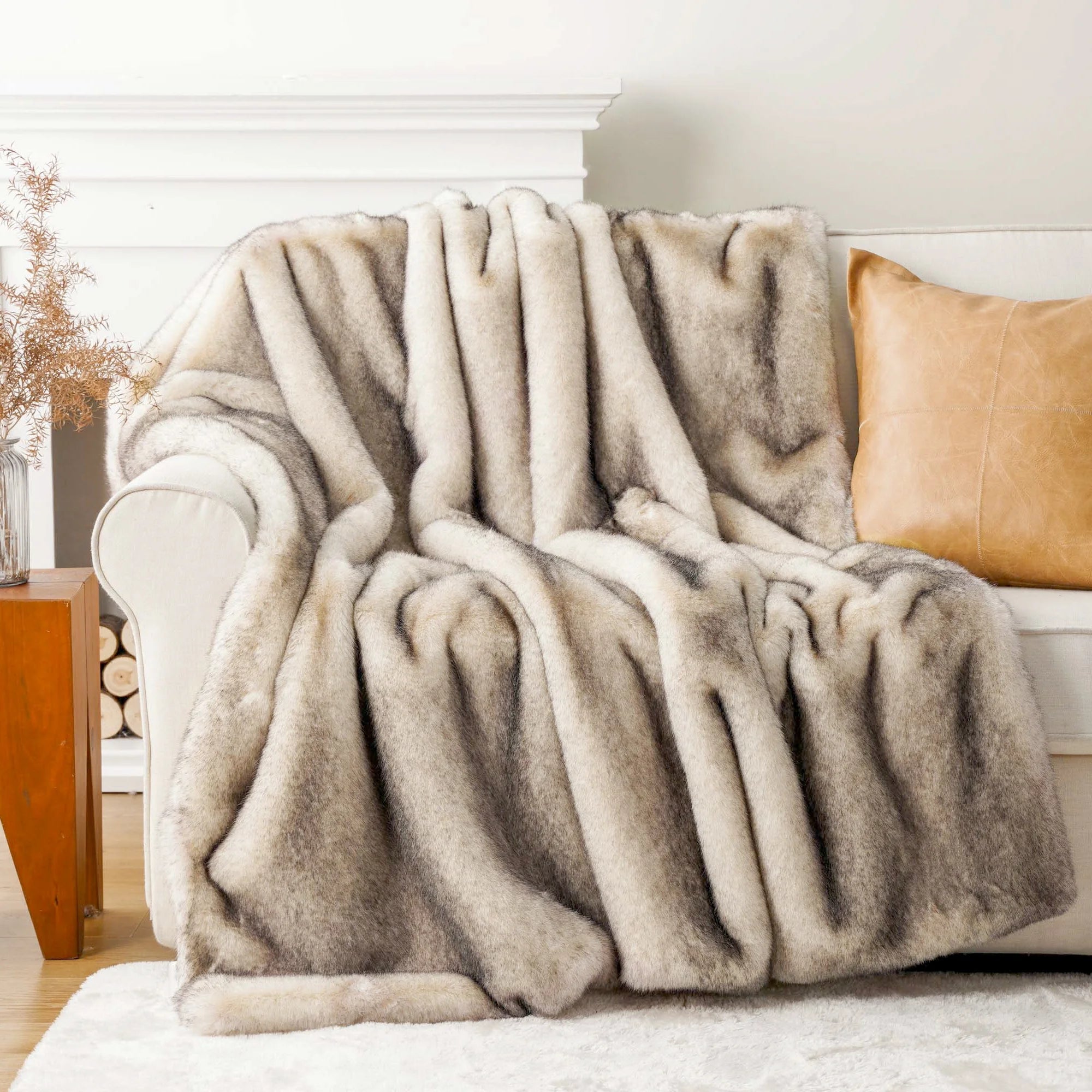 Cream Faux Fur Throw Blanket, Large Mink Fake Fur Throw,Fuzzy Thick Plush Blanket,50"X60"