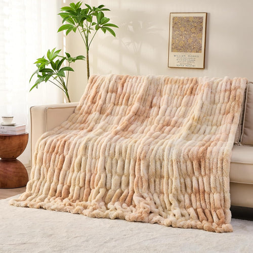 Faux Fur Throw Blanket for Bed Couch Sofa - Soft Cozy Furry Warm Throw - Comfy Shaggy Blanket - Machine Washable - Beige Fuzzy Plush Throw - 50"× 60"