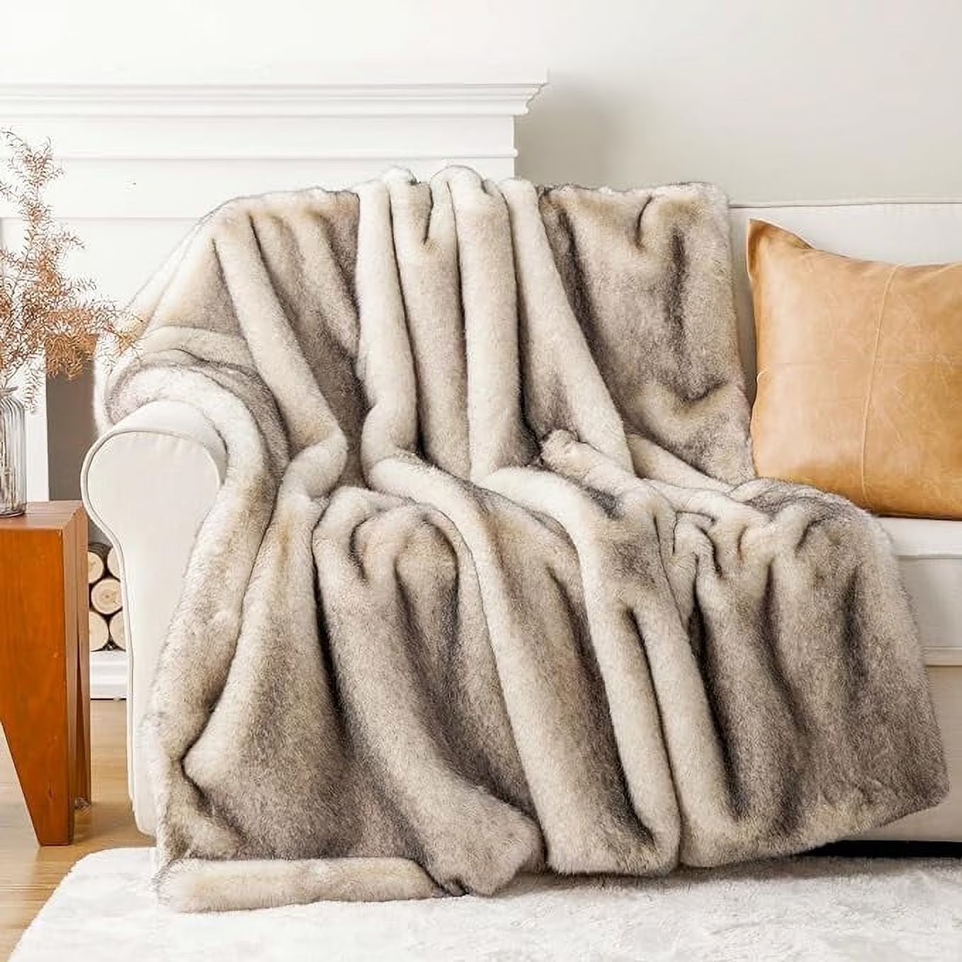 Luxury Cream Faux Fur Throw Blanket,Large Mink Fur Blanket,Soft Fuzzy Thick Fur Throw,60"X80"