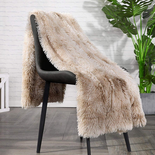 Decorative Soft Fluffy Faux Fur Throw Blanket 50" X 60",Reversible Long Shaggy Cozy Furry Blanket,Comfy Microfiber Accent Chic Plush Fuzzy Blanket for Sofa/Couch/Bed,Breathable & Washable,Beige