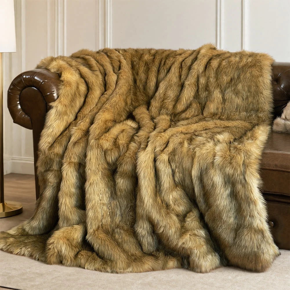 Golden Faux Fur Blanket,Thick Fur Throw Blanket,Fuzzy Warm Fluffy Sofa Blanket,50"X60"
