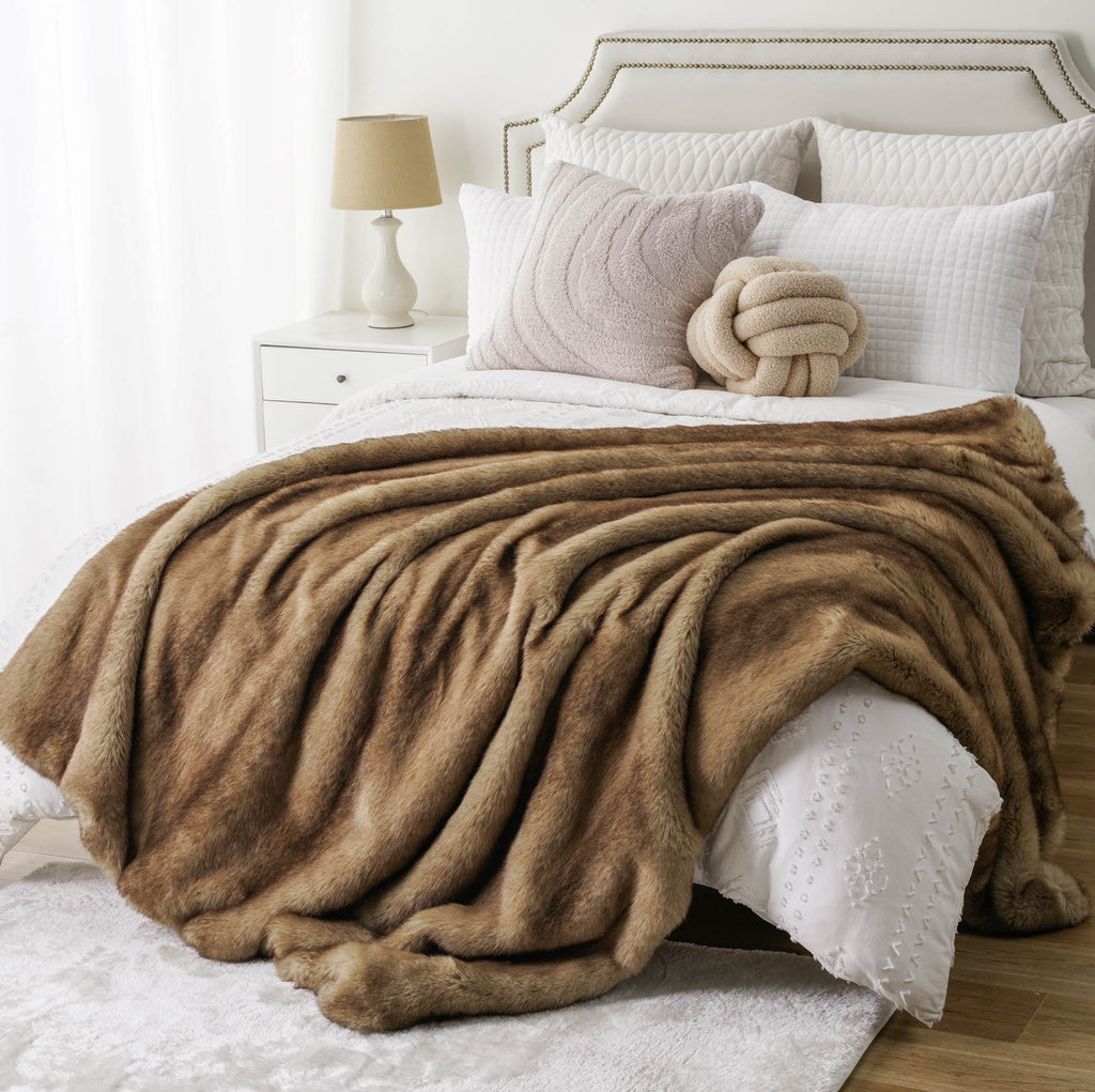 Camel Faux Fur Blanket,Reversible Mink Fur Blanket for Bed,Plush Warm Fuzzy Blanket,50"X60"