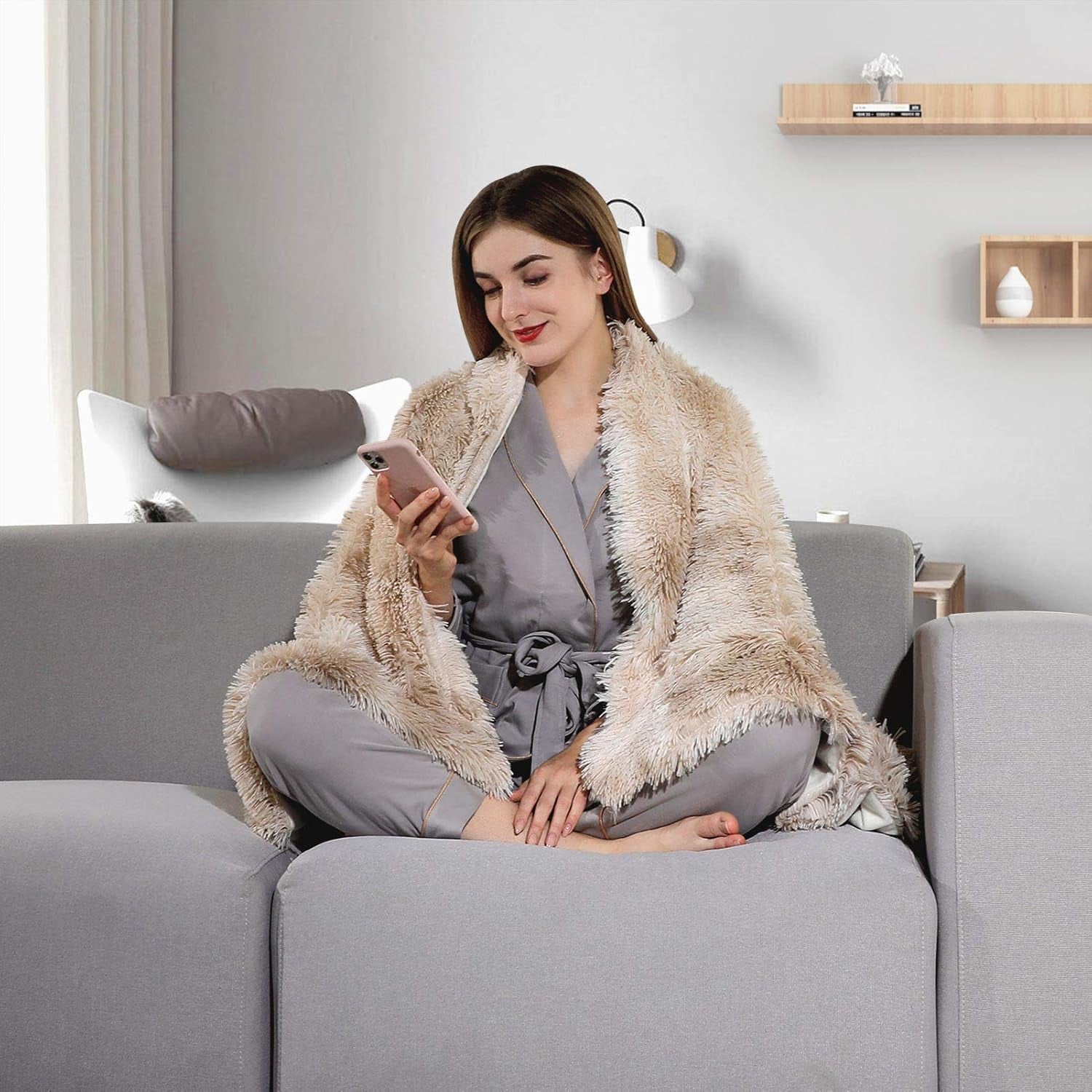 Decorative Soft Fluffy Faux Fur Throw Blanket 50" X 60",Reversible Long Shaggy Cozy Furry Blanket,Comfy Microfiber Accent Chic Plush Fuzzy Blanket for Sofa/Couch/Bed,Breathable & Washable,Beige