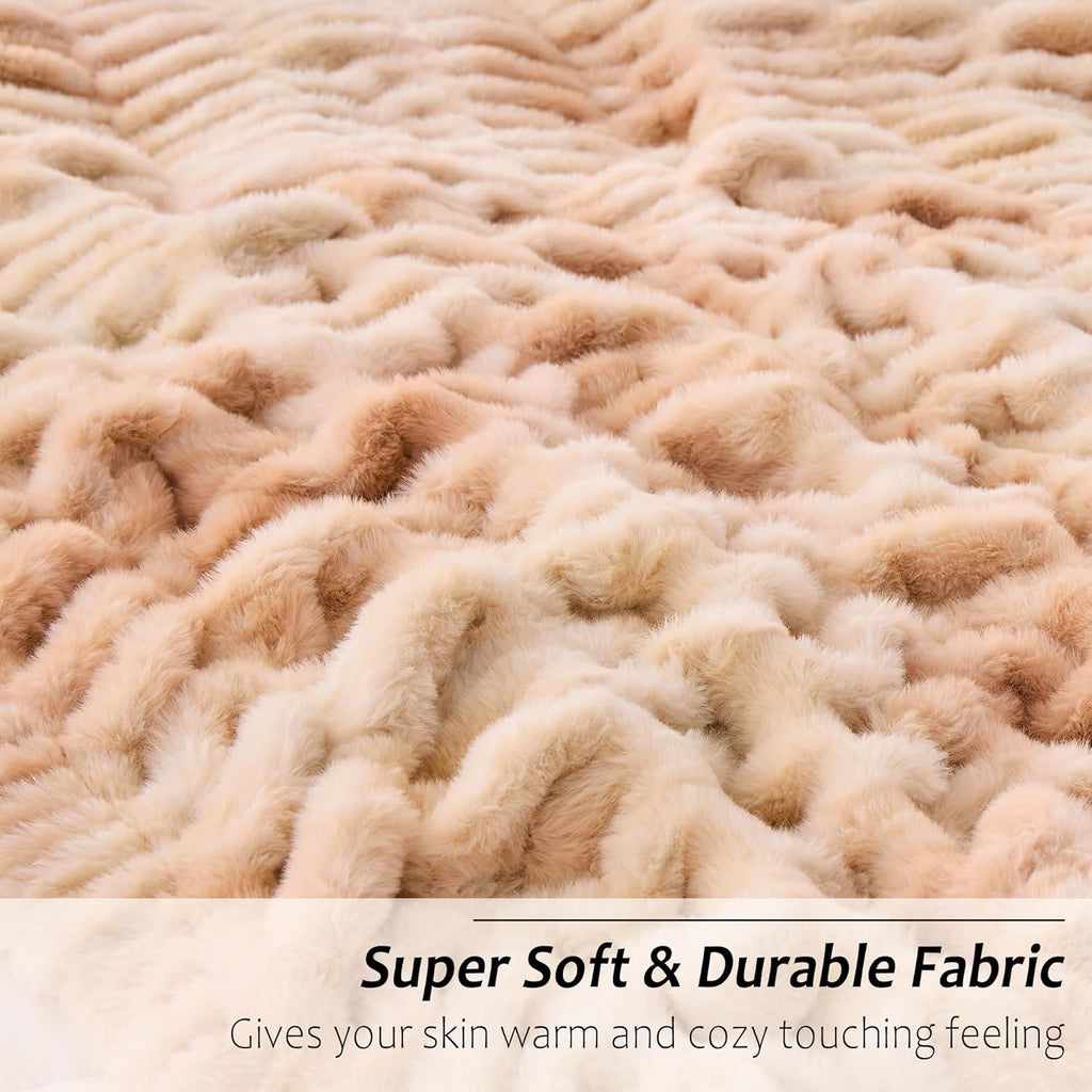Faux Fur Throw Blanket for Bed Couch Sofa - Soft Cozy Furry Warm Throw - Comfy Shaggy Blanket - Machine Washable - Beige Fuzzy Plush Throw - 50"× 60"