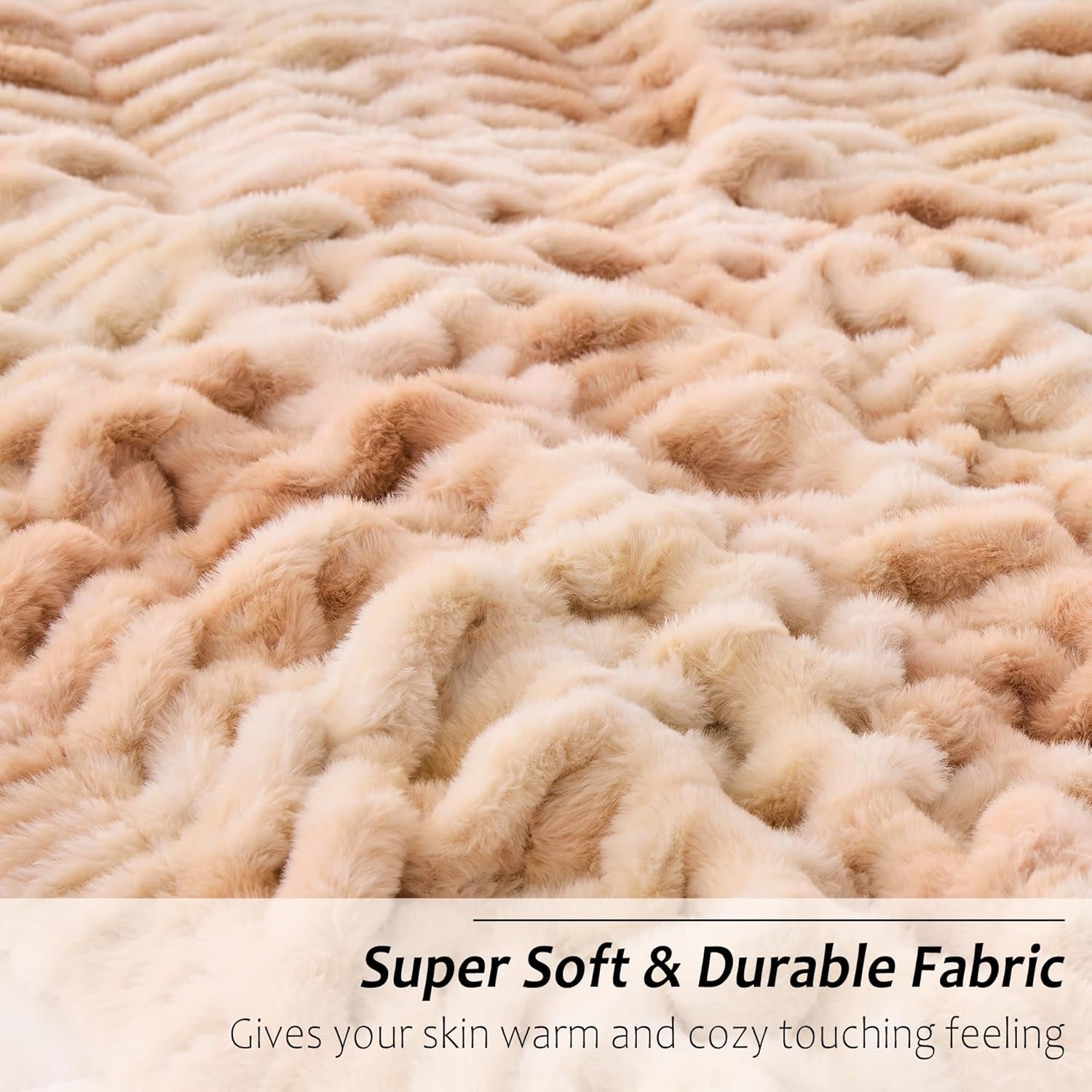 Faux Fur Throw Blanket for Bed Couch Sofa - Soft Cozy Furry Warm Throw - Comfy Shaggy Blanket - Machine Washable - Beige Fuzzy Plush Throw - 50"× 60"