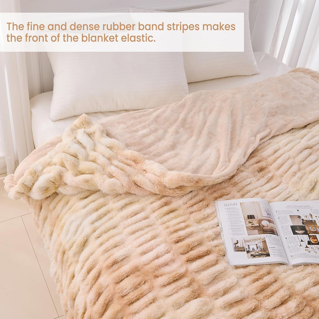 Faux Fur Throw Blanket for Bed Couch Sofa - Soft Cozy Furry Warm Throw - Comfy Shaggy Blanket - Machine Washable - Beige Fuzzy Plush Throw - 50"× 60"