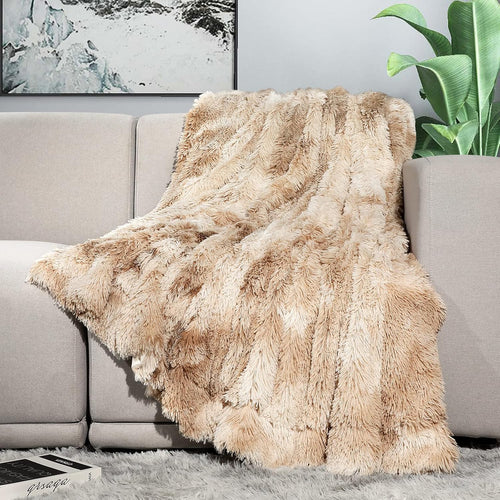 Decorative Soft Fluffy Faux Fur Throw Blanket 50" X 60",Reversible Long Shaggy Cozy Furry Blanket,Comfy Microfiber Accent Chic Plush Fuzzy Blanket for Sofa/Couch/Bed,Breathable & Washable,Beige