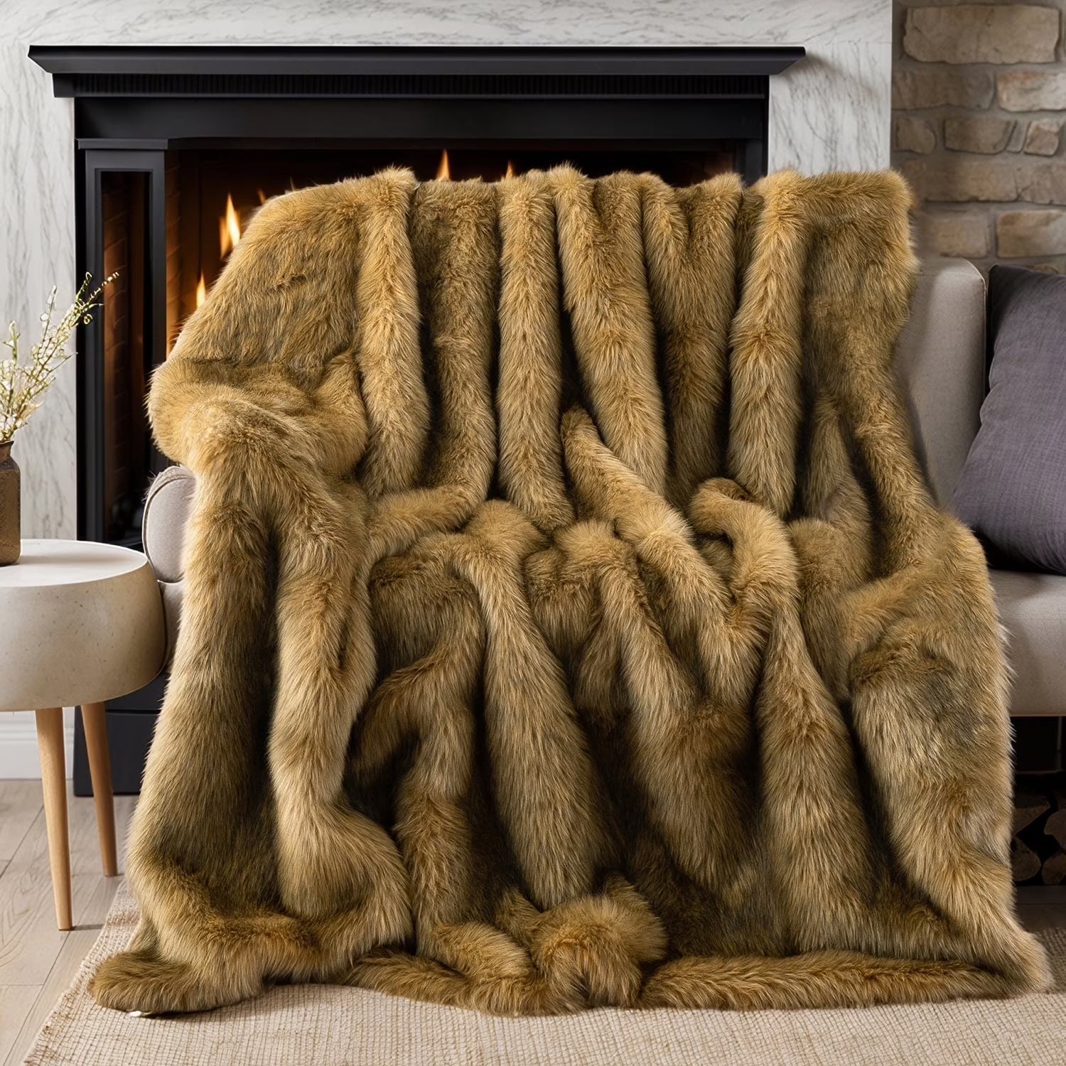 Golden Faux Fur Blanket,Thick Fur Throw Blanket,Fuzzy Warm Fluffy Sofa Blanket,50"X60"
