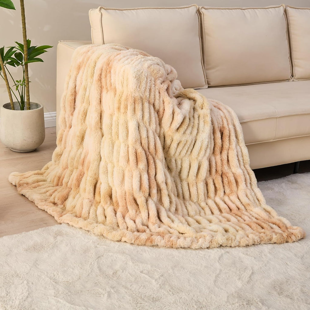Faux Fur Throw Blanket for Bed Couch Sofa - Soft Cozy Furry Warm Throw - Comfy Shaggy Blanket - Machine Washable - Beige Fuzzy Plush Throw - 50"× 60"