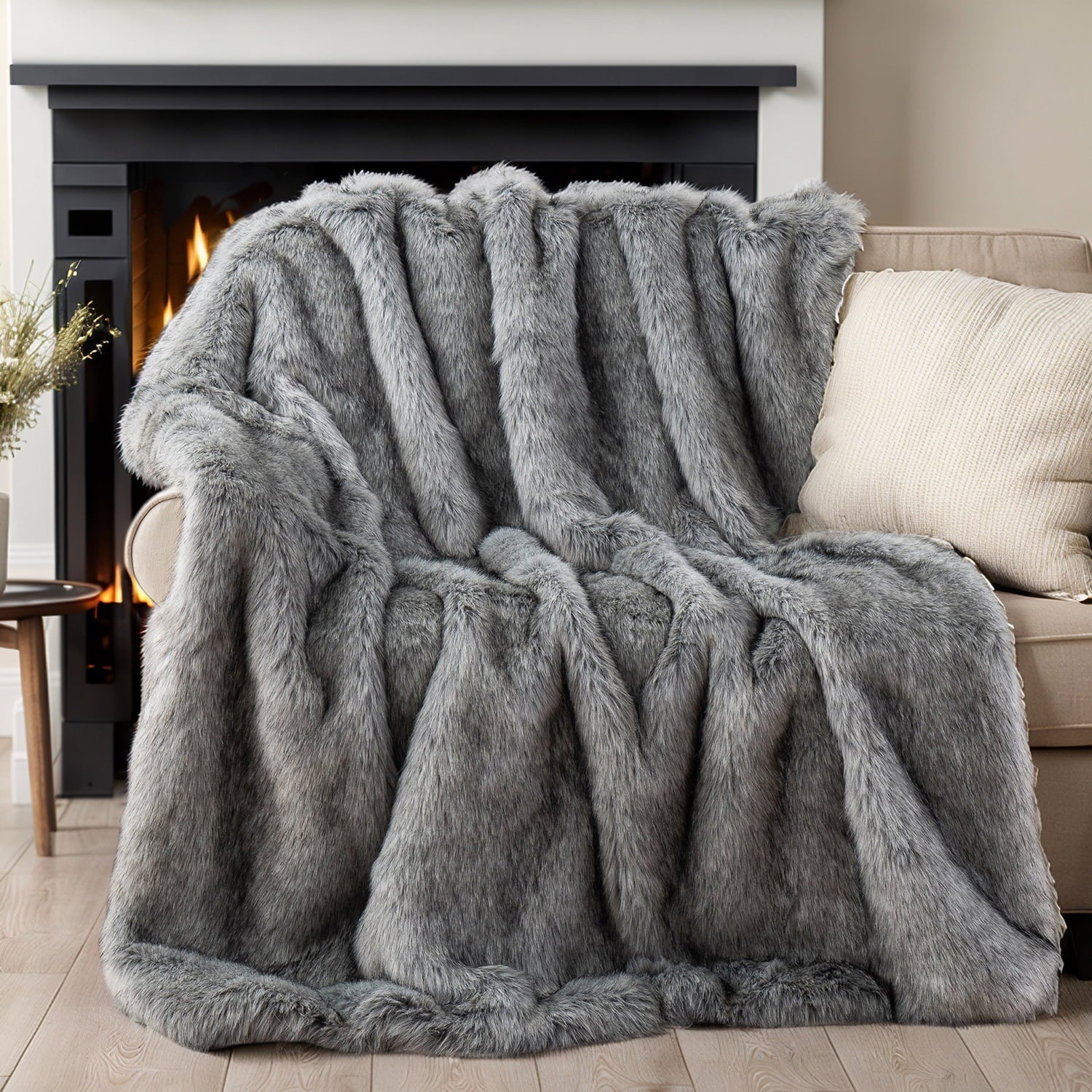 Gray Faux Fur Throw Blanket,Cozy Fluffy Grey Blanket Reversible to Plush Velvet,50"X60"