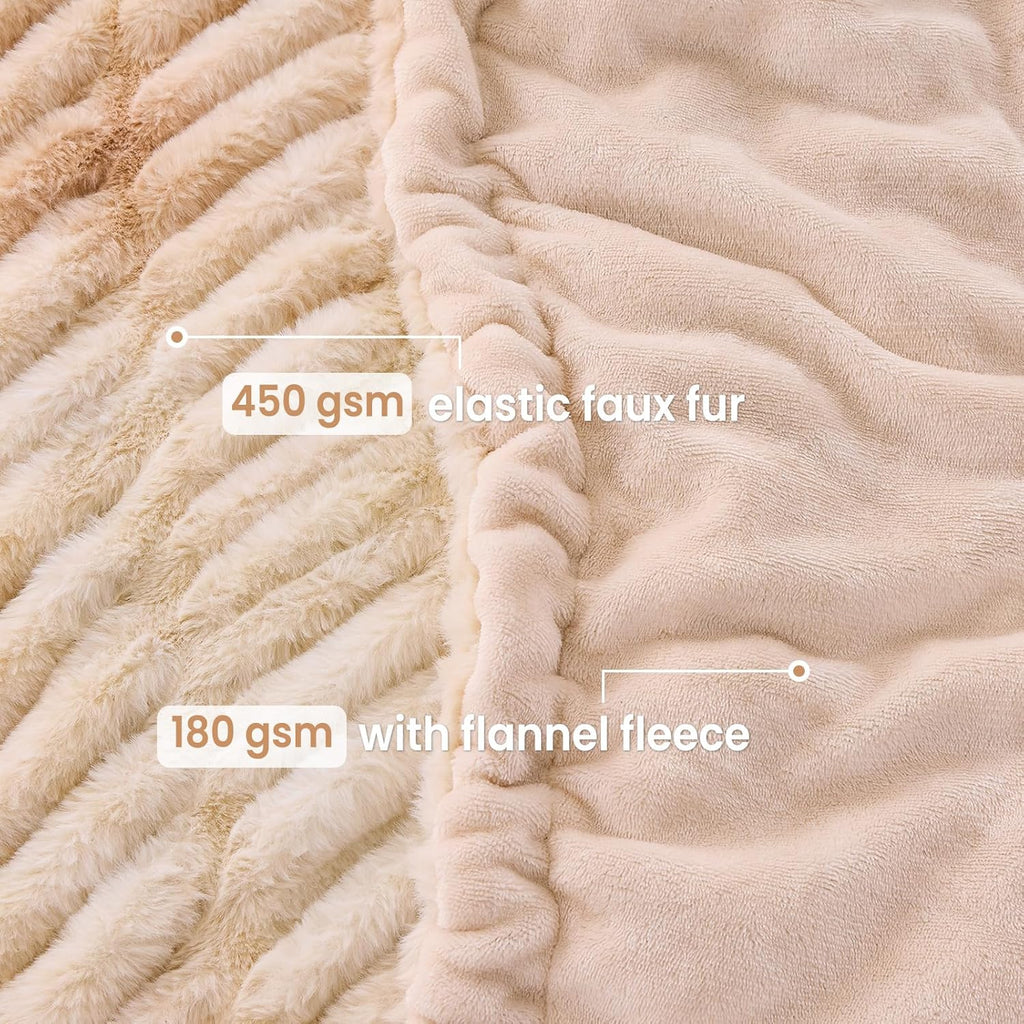 Faux Fur Throw Blanket for Bed Couch Sofa - Soft Cozy Furry Warm Throw - Comfy Shaggy Blanket - Machine Washable - Beige Fuzzy Plush Throw - 50"× 60"