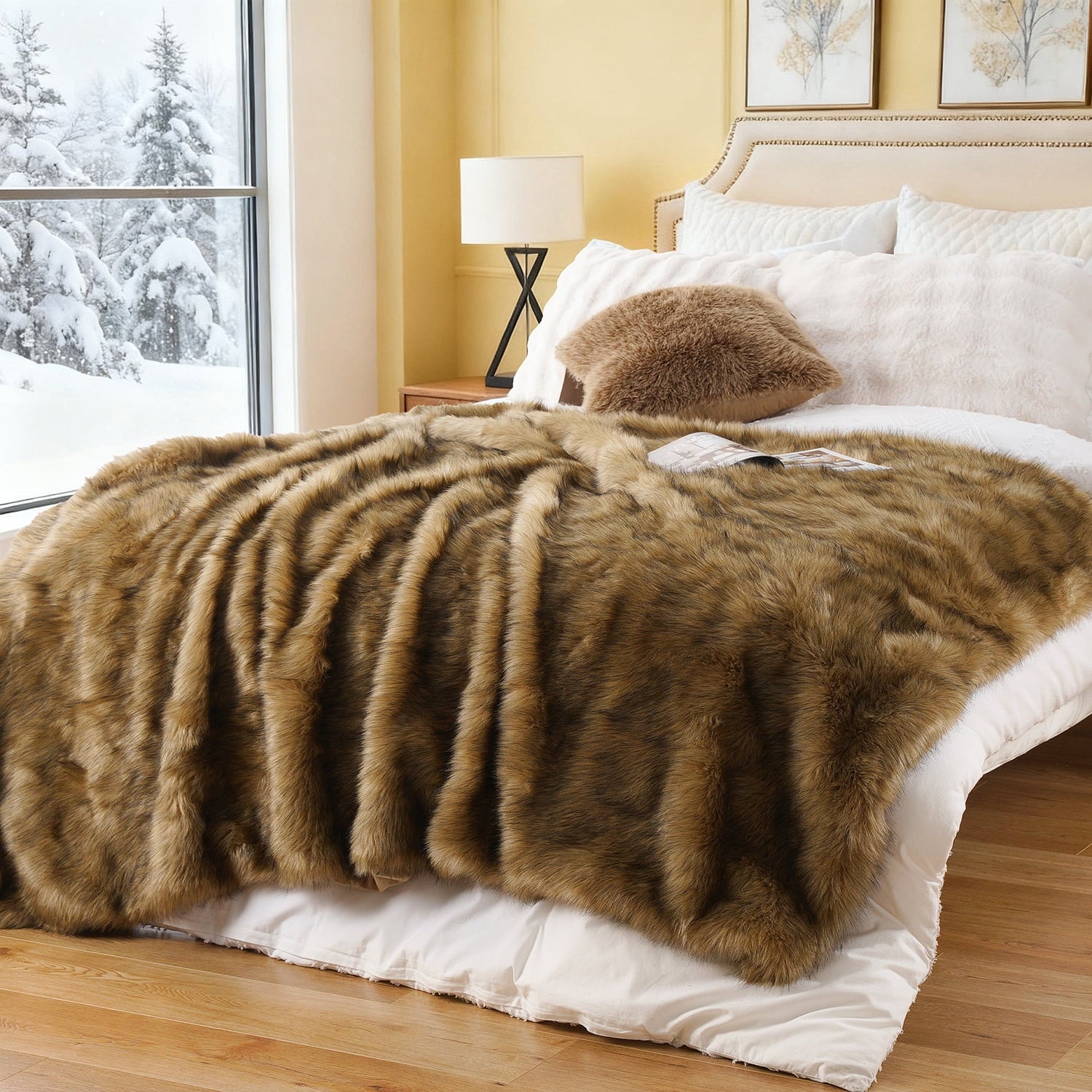 Golden Faux Fur Blanket,Thick Fur Throw Blanket,Fuzzy Warm Fluffy Sofa Blanket,50"X60"