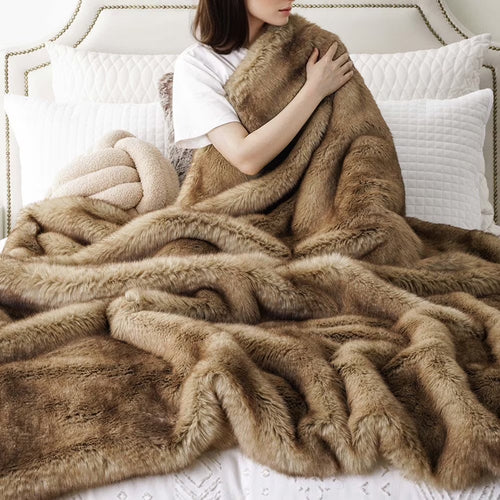 Camel Faux Fur Blanket,Reversible Mink Fur Blanket for Bed,Plush Warm Fuzzy Blanket,50"X60"