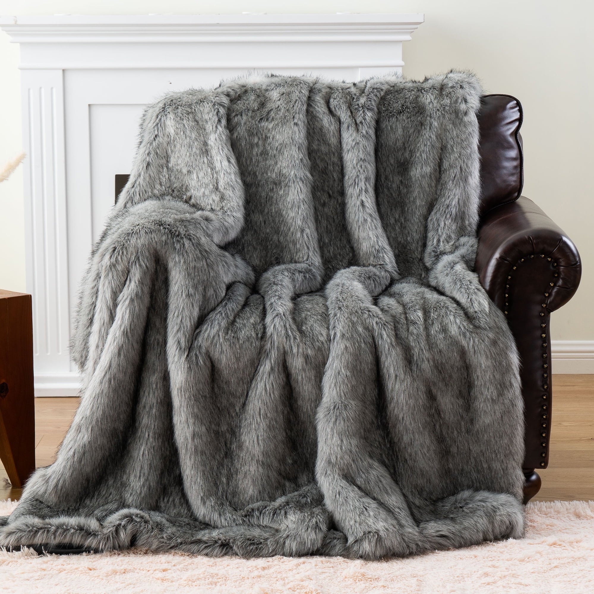 Gray Faux Fur Throw Blanket,Cozy Fluffy Grey Blanket Reversible to Plush Velvet,50"X60"